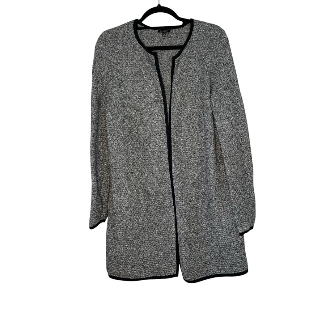 Talbots charcoal gray open front longline cardigan trimmed in black. Size S